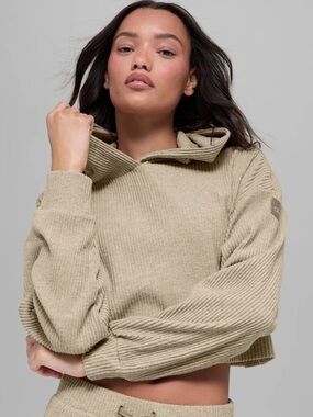 ALO Yoga Cropped Ribbed Hoodie in Light Gray